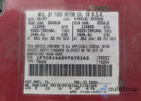 1997 Ford Ranger Xl/Xlt z USA, uszkodzony, nr VIN 1FTCR14A0VTA70163